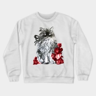 CAT KITTEN WITH RED ROSES ,Black and White Crewneck Sweatshirt